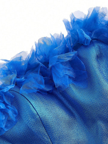 Ladies Romance Romantic Blue Organza Fabric One-Shoulder Three-Dimensional Flower  Suitable For Wedding Season Graduation Season Mother's Day Music Festival Valentine's Day Ramadan Dinner And Dance Blue Prom Dress