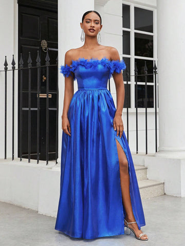 Ladies Romance Romantic Blue Organza Fabric One-Shoulder Three-Dimensional Flower  Suitable For Wedding Season Graduation Season Mother's Day Music Festival Valentine's Day Ramadan Dinner And Dance Blue Prom Dress