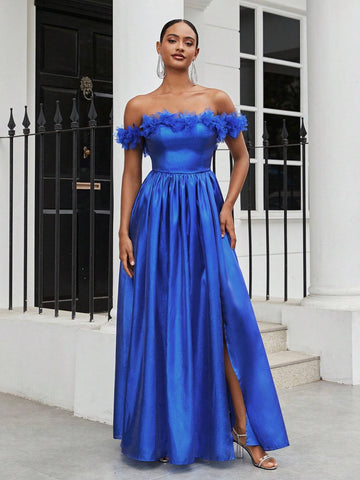 Ladies Romance Romantic Blue Organza Fabric One-Shoulder Three-Dimensional Flower  Suitable For Wedding Season Graduation Season Mother's Day Music Festival Valentine's Day Ramadan Dinner And Dance Blue Prom Dress