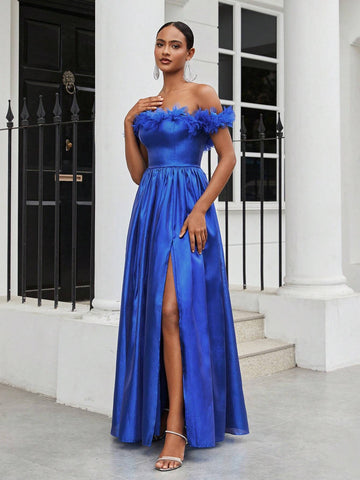 Ladies Romance Romantic Blue Organza Fabric One-Shoulder Three-Dimensional Flower  Suitable For Wedding Season Graduation Season Mother's Day Music Festival Valentine's Day Ramadan Dinner And Dance Blue Prom Dress