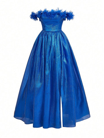 Ladies Romance Romantic Blue Organza Fabric One-Shoulder Three-Dimensional Flower  Suitable For Wedding Season Graduation Season Mother's Day Music Festival Valentine's Day Ramadan Dinner And Dance Blue Prom Dress