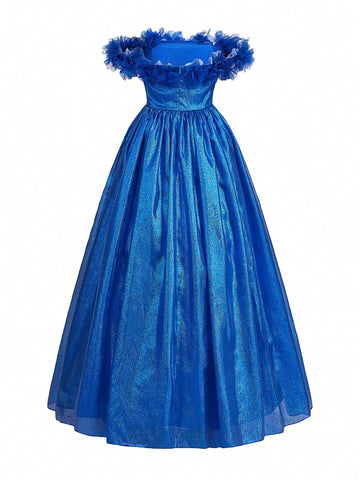 Ladies Romance Romantic Blue Organza Fabric One-Shoulder Three-Dimensional Flower  Suitable For Wedding Season Graduation Season Mother's Day Music Festival Valentine's Day Ramadan Dinner And Dance Blue Prom Dress