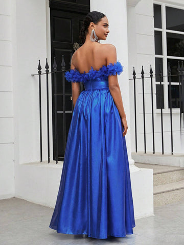 Ladies Romance Romantic Blue Organza Fabric One-Shoulder Three-Dimensional Flower  Suitable For Wedding Season Graduation Season Mother's Day Music Festival Valentine's Day Ramadan Dinner And Dance Blue Prom Dress