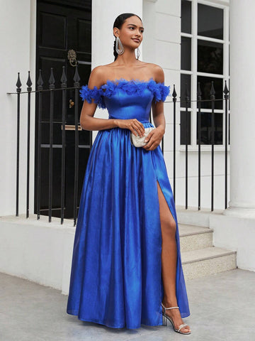 Ladies Romance Romantic Blue Organza Fabric One-Shoulder Three-Dimensional Flower  Suitable For Wedding Season Graduation Season Mother's Day Music Festival Valentine's Day Ramadan Dinner And Dance Blue Prom Dress