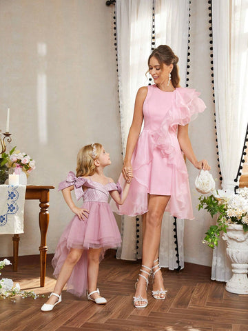 Ladies Romantic And Elegant Pink Knitted Round Neck Dress With Splicing And Shiny  Ramadan Iftar Dresses, Evening Prom Parties, Formal Cocktail Party Dress