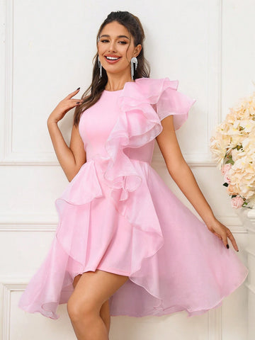 Ladies Romantic And Elegant Pink Knitted Round Neck Dress With Splicing And Shiny  Ramadan Iftar Dresses, Evening Prom Parties, Formal Cocktail Party Dress