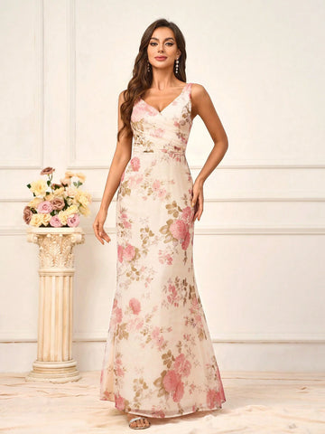 Ladies' Romantic Apricot-Colored Super Soft Gauze Printed Flower Fabric V-Neck Festival And Other Formal Occasions Bridesmaid Dress