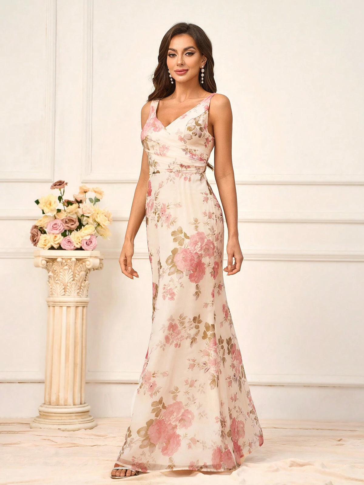 Ladies' Romantic Apricot-Colored Super Soft Gauze Printed Flower Fabric V-Neck Festival And Other Formal Occasions Bridesmaid Dress