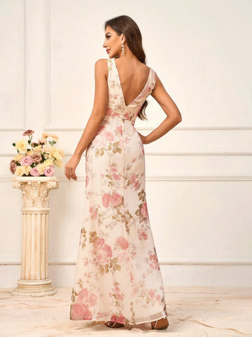 Ladies' Romantic Apricot-Colored Super Soft Gauze Printed Flower Fabric V-Neck Festival And Other Formal Occasions Bridesmaid Dress