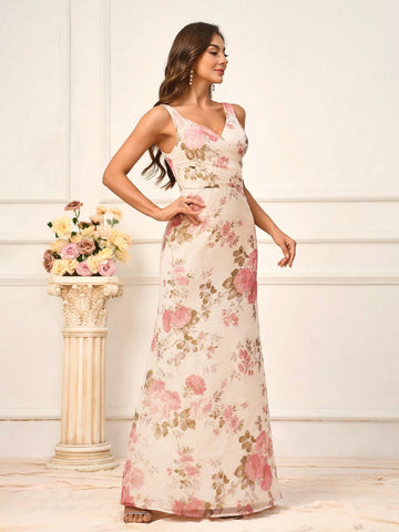 Ladies' Romantic Apricot-Colored Super Soft Gauze Printed Flower Fabric V-Neck Festival And Other Formal Occasions Bridesmaid Dress