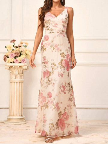 Ladies' Romantic Apricot-Colored Super Soft Gauze Printed Flower Fabric V-Neck Festival And Other Formal Occasions Bridesmaid Dress