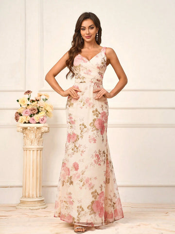 Ladies' Romantic Apricot-Colored Super Soft Gauze Printed Flower Fabric V-Neck Festival And Other Formal Occasions Bridesmaid Dress