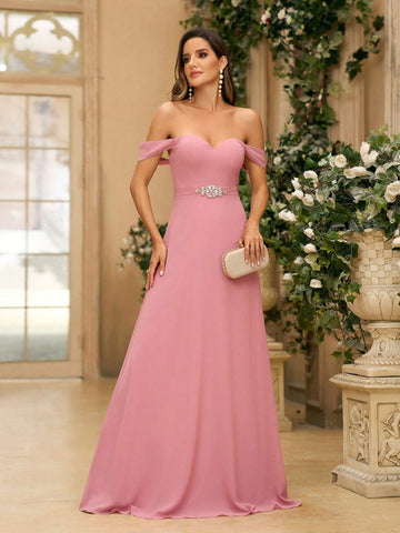 Ladies Simple And Graceful Gray Pink Off-Shoulder A-Line In Satin Fabric With Rhinestone Belt Decoration Suitable For Back To School Music Festival Mother's Day Sister Gathering Formal Wedding Dress Bridesmaid Dress