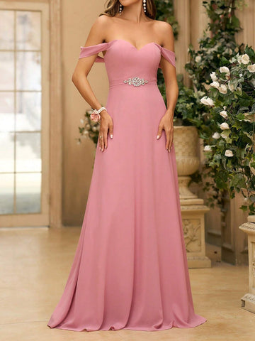 Ladies Simple And Graceful Gray Pink Off-Shoulder A-Line In Satin Fabric With Rhinestone Belt Decoration Suitable For Back To School Music Festival Mother's Day Sister Gathering Formal Wedding Dress Bridesmaid Dress
