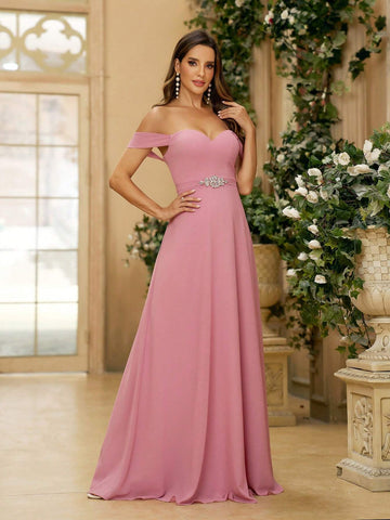 Ladies Simple And Graceful Gray Pink Off-Shoulder A-Line In Satin Fabric With Rhinestone Belt Decoration Suitable For Back To School Music Festival Mother's Day Sister Gathering Formal Wedding Dress Bridesmaid Dress