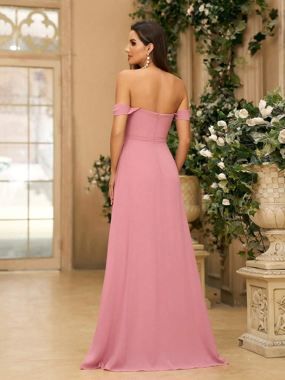 Ladies Simple And Graceful Gray Pink Off-Shoulder A-Line In Satin Fabric With Rhinestone Belt Decoration Suitable For Back To School Music Festival Mother's Day Sister Gathering Formal Wedding Dress Bridesmaid Dress