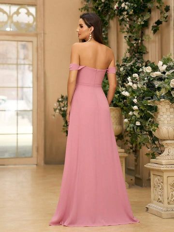 Ladies Simple And Graceful Gray Pink Off-Shoulder A-Line In Satin Fabric With Rhinestone Belt Decoration Suitable For Back To School Music Festival Mother's Day Sister Gathering Formal Wedding Dress Bridesmaid Dress