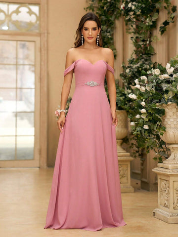 Ladies Simple And Graceful Gray Pink Off-Shoulder A-Line In Satin Fabric With Rhinestone Belt Decoration Suitable For Back To School Music Festival Mother's Day Sister Gathering Formal Wedding Dress Bridesmaid Dress