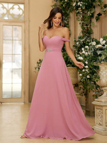 Ladies Simple And Graceful Gray Pink Off-Shoulder A-Line In Satin Fabric With Rhinestone Belt Decoration Suitable For Back To School Music Festival Mother's Day Sister Gathering Formal Wedding Dress Bridesmaid Dress