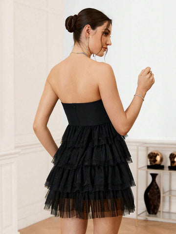 Ladies' Solid Color Multi-Layer Mesh Ruffle Hem Strapless Evening Dress