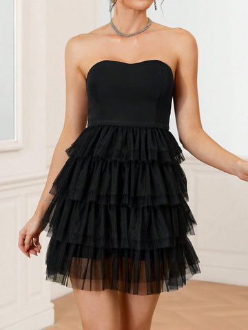 Ladies' Solid Color Multi-Layer Mesh Ruffle Hem Strapless Evening Dress