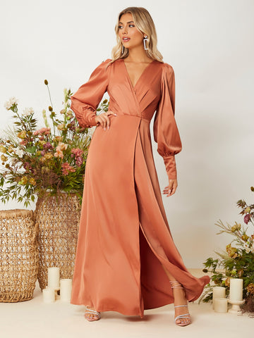 Lantern Sleeve Surplice Neck Wrap Hem Dress