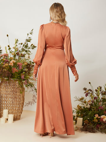 Lantern Sleeve Surplice Neck Wrap Hem Dress