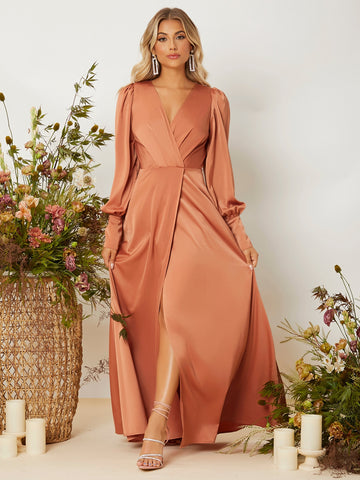 Lantern Sleeve Surplice Neck Wrap Hem Dress