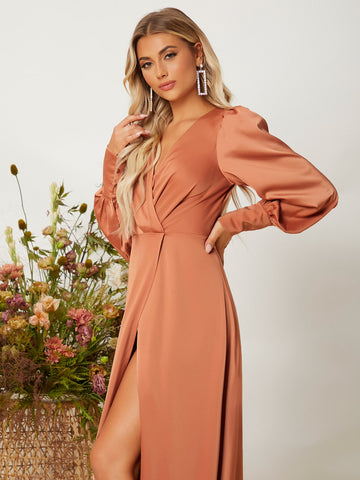 Lantern Sleeve Surplice Neck Wrap Hem Dress