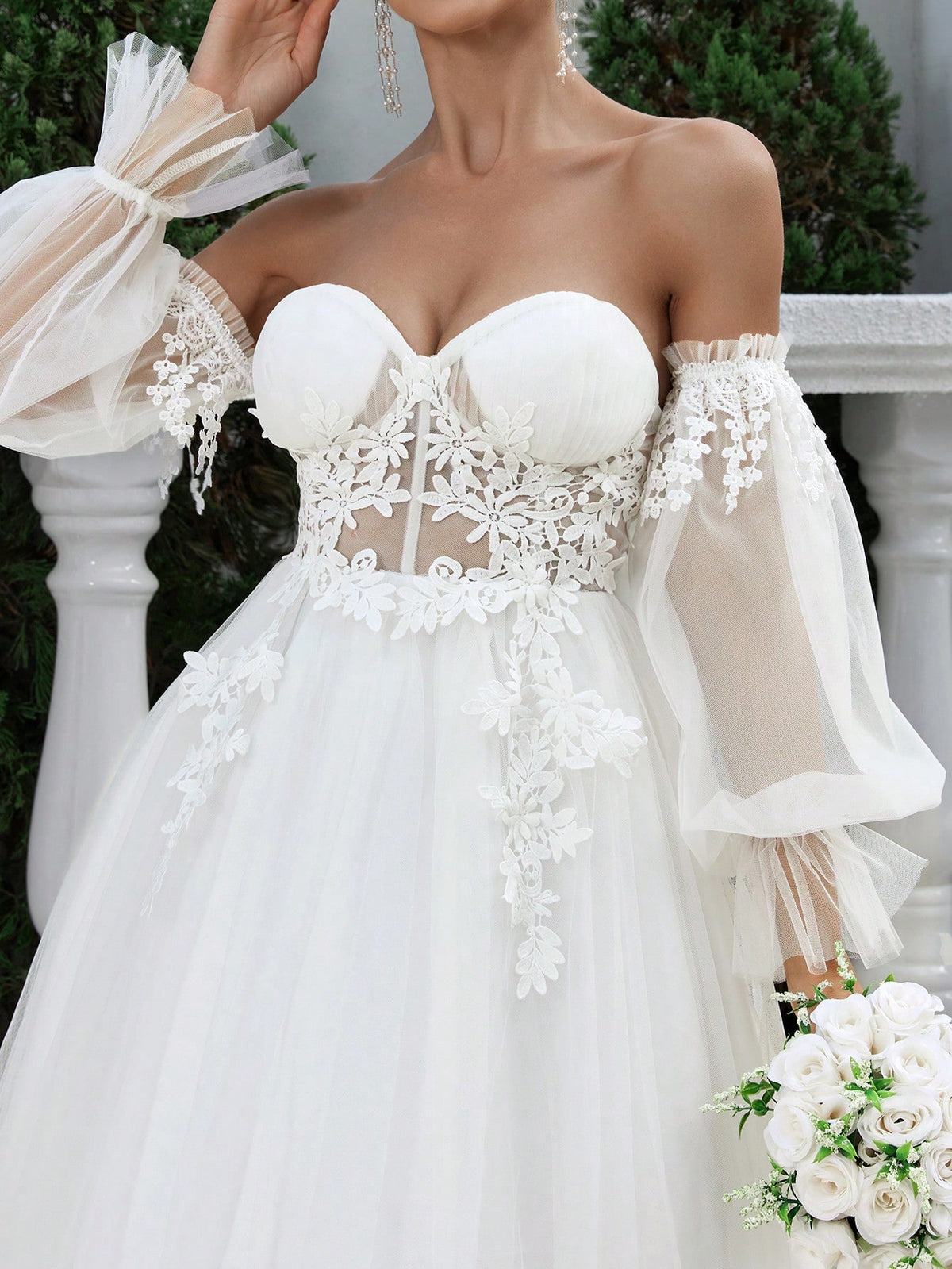 Large Hem, Lace Detail, One-Shoulder Style, Lantern Sleeve Wedding Dress