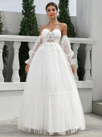 Large Hem, Lace Detail, One-Shoulder Style, Lantern Sleeve Wedding Dress