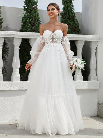 Large Hem, Lace Detail, One-Shoulder Style, Lantern Sleeve Wedding Dress