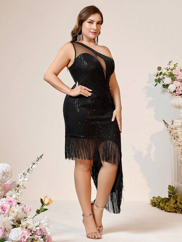 Large Size Elegant Atmosphere Black Whole Beaded Slant Shoulder Bust Cup Front Mesh Wedding Event Ramadan Dinner Prom Party Cocktail Dresses