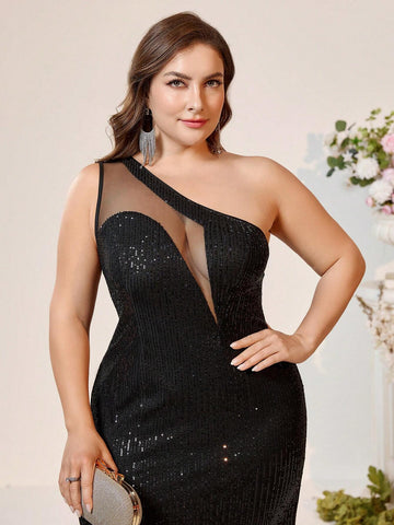 Large Size Elegant Atmosphere Black Whole Beaded Slant Shoulder Bust Cup Front Mesh Wedding Event Ramadan Dinner Prom Party Cocktail Dresses