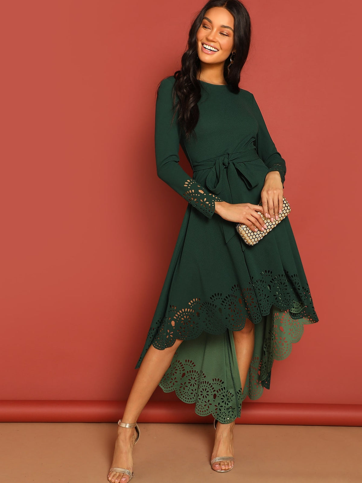 Laser Cut Scalloped Trim Belted Bridesmaid Dress