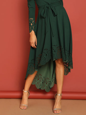 Laser Cut Scalloped Trim Belted Bridesmaid Dress