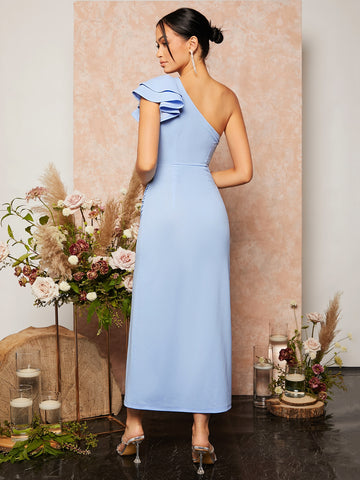 Layered Trim One Shoulder Wrap Hem Bridesmaid Dress