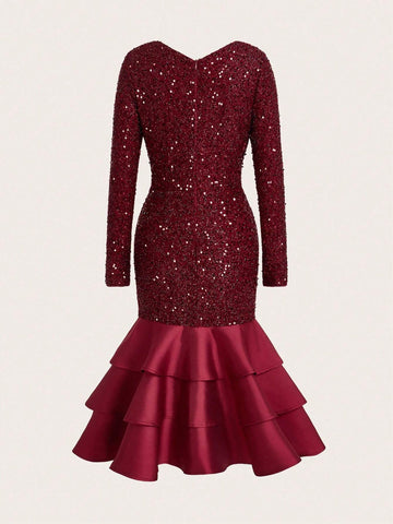 Long Sleeve Elegant Layered Pleated Glitter V-Neck Formal Dress For Cocktail Party