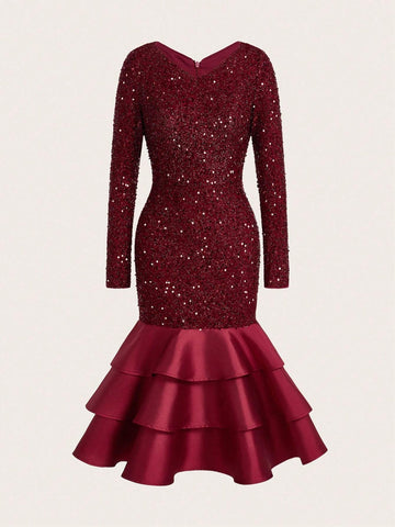 Long Sleeve Elegant Layered Pleated Glitter V-Neck Formal Dress For Cocktail Party