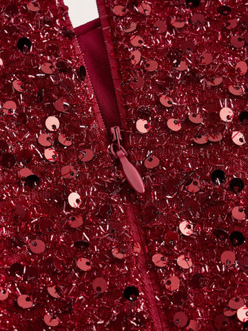 Long Sleeve Elegant Layered Pleated Glitter V-Neck Formal Dress For Cocktail Party