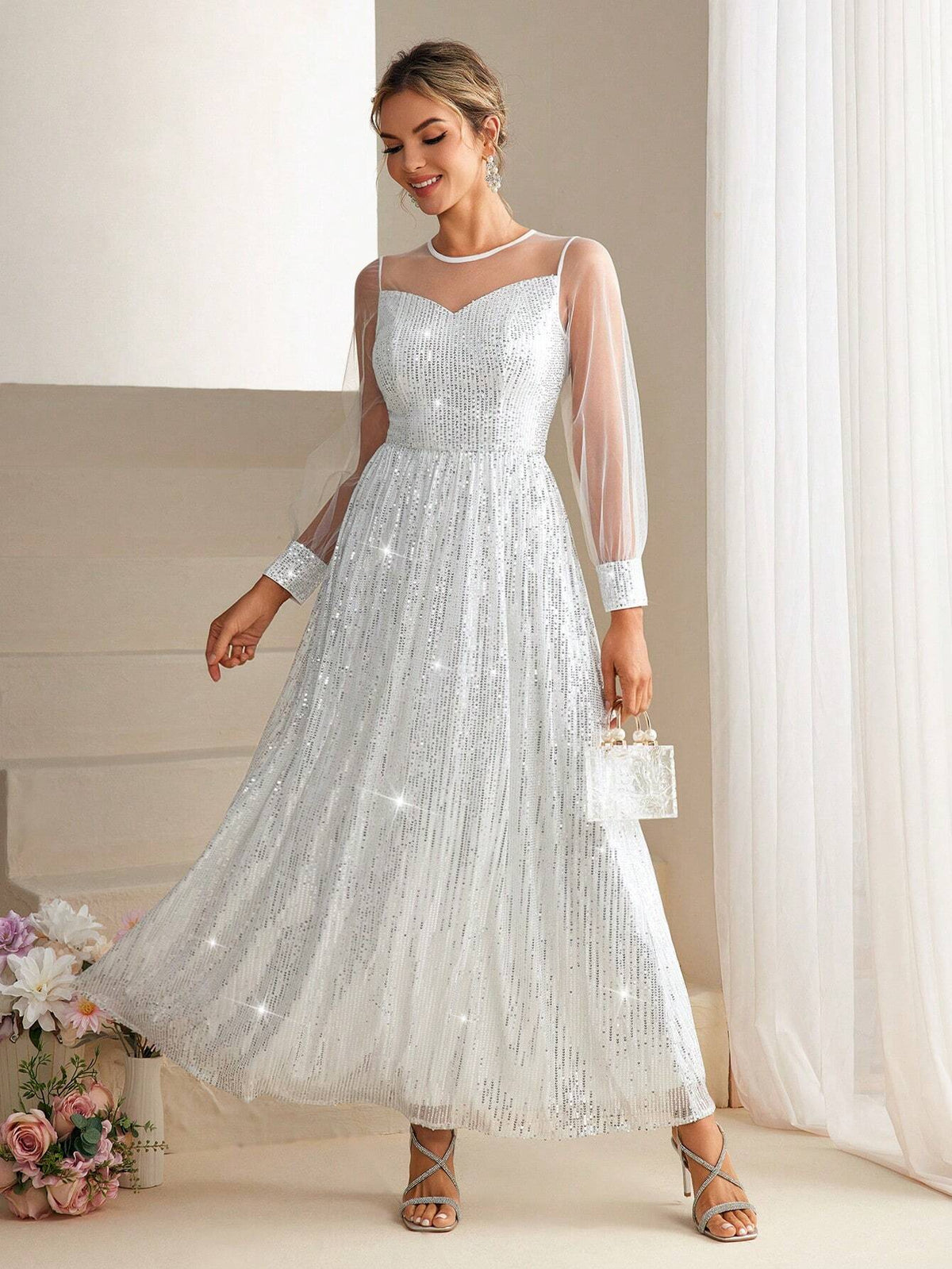 Long Sleeve Evening Party Dress With Glittery Mesh Element