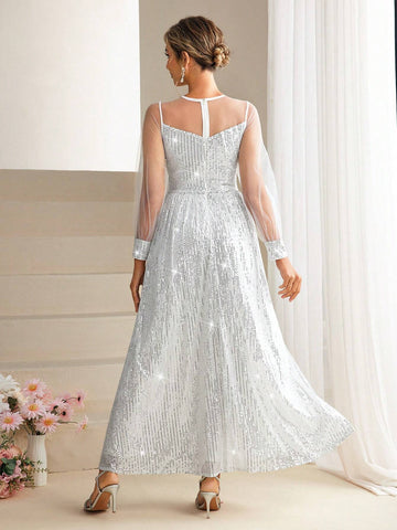 Long Sleeve Evening Party Dress With Glittery Mesh Element