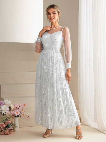 Long Sleeve Evening Party Dress With Glittery Mesh Element