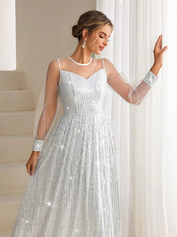 Long Sleeve Evening Party Dress With Glittery Mesh Element