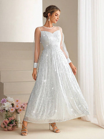 Long Sleeve Evening Party Dress With Glittery Mesh Element