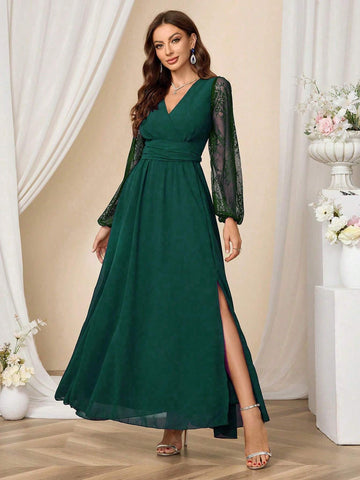 Long Sleeve V-Neck Criss-Cross Wrap High Split Solid Color Women Cocktail Party Gown Dress