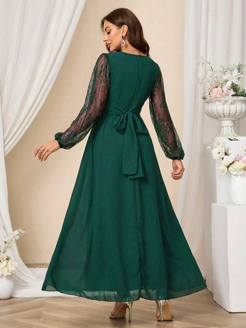 Long Sleeve V-Neck Criss-Cross Wrap High Split Solid Color Women Cocktail Party Gown Dress
