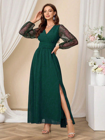 Long Sleeve V-Neck Criss-Cross Wrap High Split Solid Color Women Cocktail Party Gown Dress
