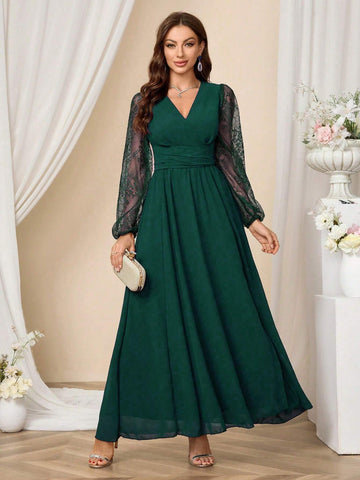 Long Sleeve V-Neck Criss-Cross Wrap High Split Solid Color Women Cocktail Party Gown Dress