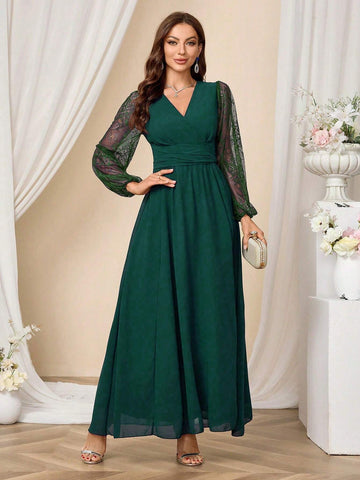 Long Sleeve V-Neck Criss-Cross Wrap High Split Solid Color Women Cocktail Party Gown Dress